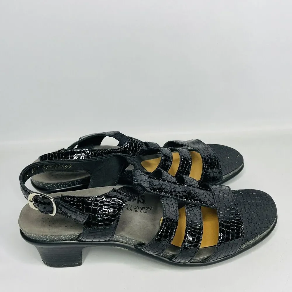 SAS Tripad Allegro Black Patent Leather Croc Snake‎ Print Heel Sandals Sz 10 N